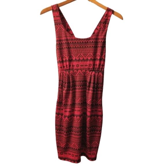 Red and Black Shirred Sleeveless Aztec Print Dress - Picture 1 of 5